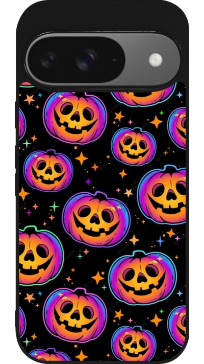 Coque Google Pixel 9 / Pixel 9 Pro - Silicone rigide noir Halloween 2024 rainbow pumpkins