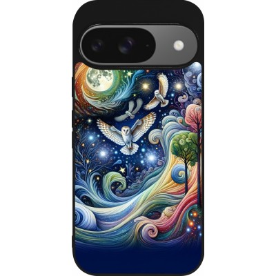 Coque Google Pixel 9 / Pixel 9 Pro - Silicone rigide noir hibou volant floral