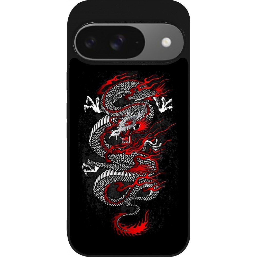 Google Pixel 9 / Pixel 9 Pro Case Hülle - Silikon schwarz Japanese style Dragon Tattoo Red Black