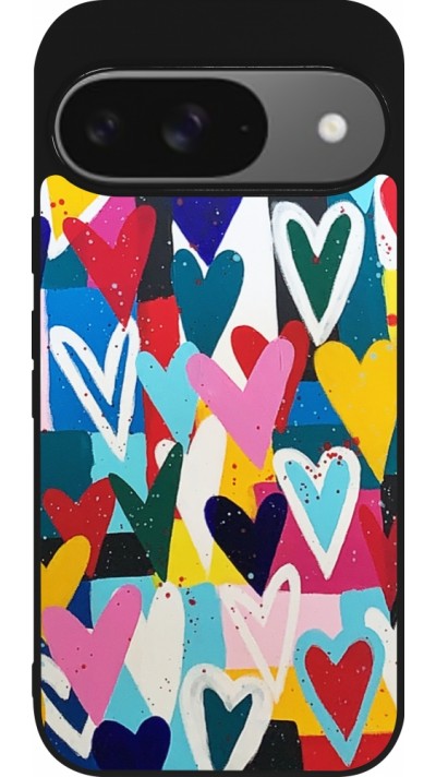 Coque Google Pixel 9 / Pixel 9 Pro - Silicone rigide noir Joyful Hearts