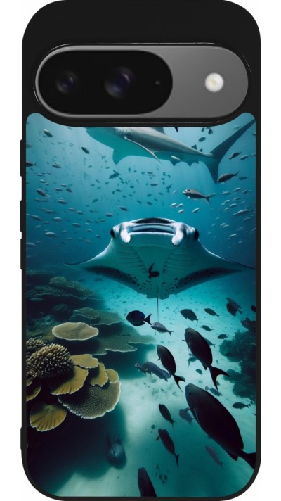 Coque Google Pixel 9 / Pixel 9 Pro - Silicone rigide noir Manta Lagon Nettoyage