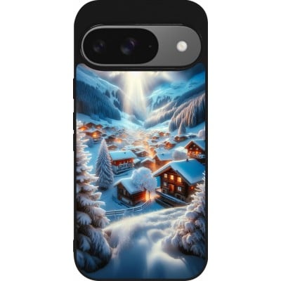 Coque Google Pixel 9 / Pixel 9 Pro - Silicone rigide noir Mont Neige Lumière