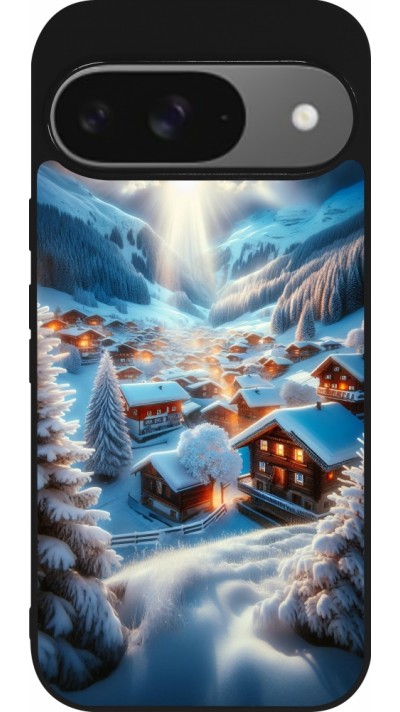 Coque Google Pixel 9 / Pixel 9 Pro - Silicone rigide noir Mont Neige Lumière