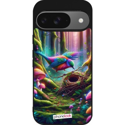 Coque Google Pixel 9 / Pixel 9 Pro - Silicone rigide noir Oiseau Nid Forêt