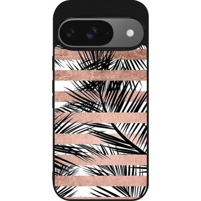 Coque Google Pixel 9 / Pixel 9 Pro - Silicone rigide noir Palm trees gold stripes