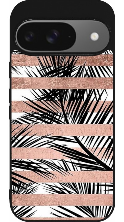 Coque Google Pixel 9 / Pixel 9 Pro - Silicone rigide noir Palm trees gold stripes