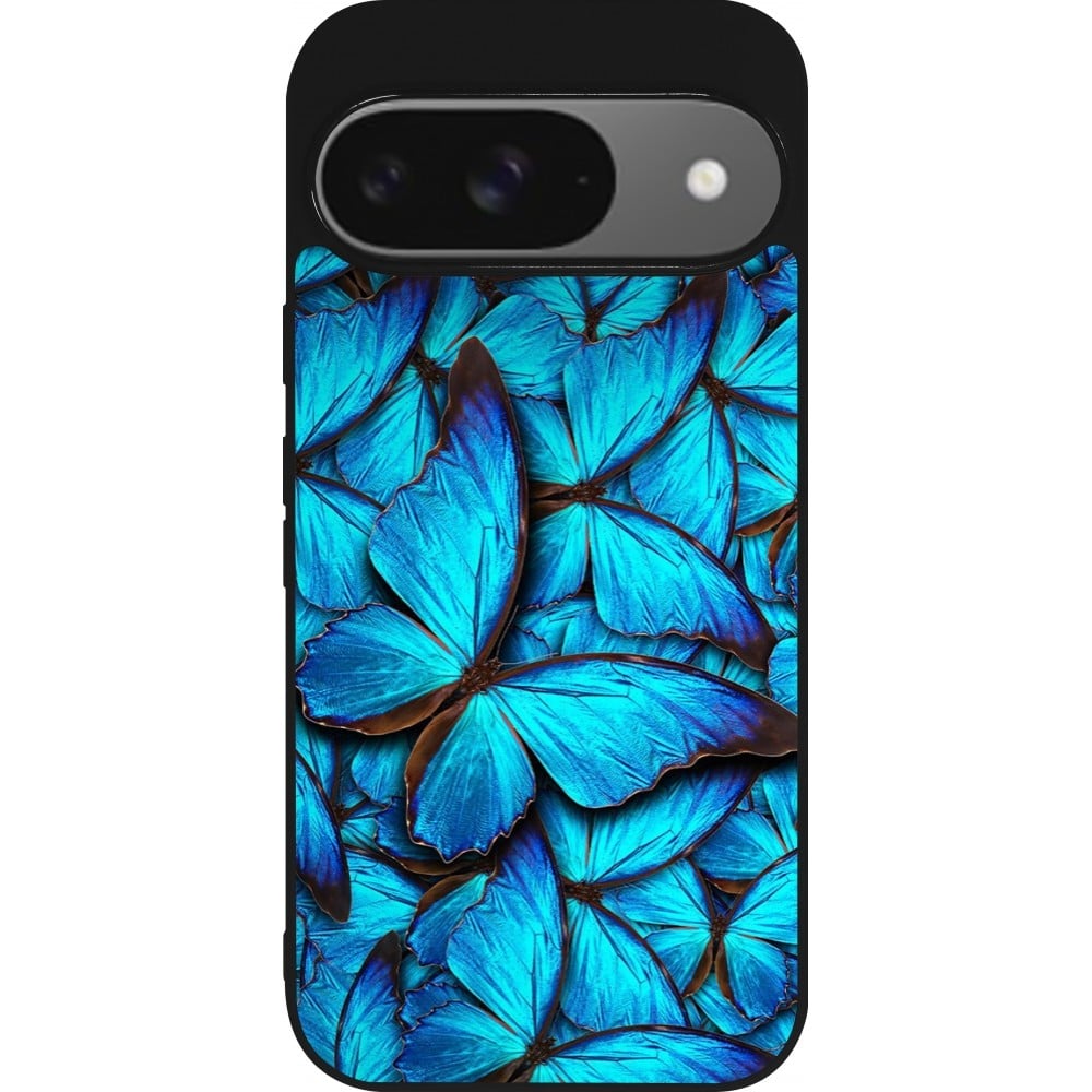 Coque Google Pixel 9 / Pixel 9 Pro - Silicone rigide noir Papillon bleu