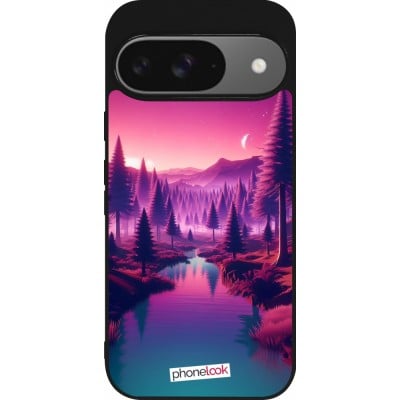 Coque Google Pixel 9 / Pixel 9 Pro - Silicone rigide noir Paysage Violet-Rose