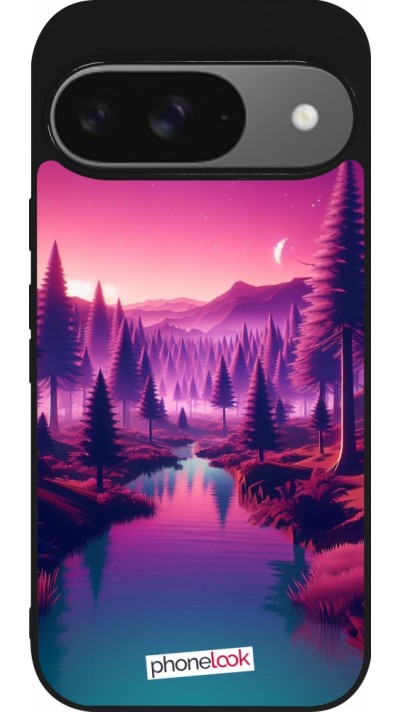 Coque Google Pixel 9 / Pixel 9 Pro - Silicone rigide noir Paysage Violet-Rose