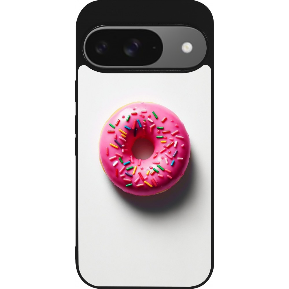 Coque Google Pixel 9 / Pixel 9 Pro - Silicone rigide noir Weißer Hintergrund, pinker Donut