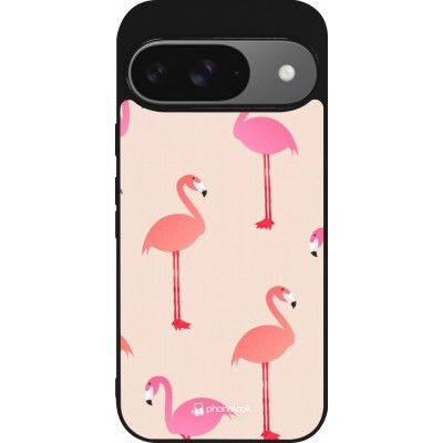 Coque Google Pixel 9 / Pixel 9 Pro - Silicone rigide noir Pink Flamingos Pattern