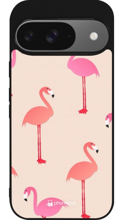 Coque Google Pixel 9 / Pixel 9 Pro - Silicone rigide noir Pink Flamingos Pattern