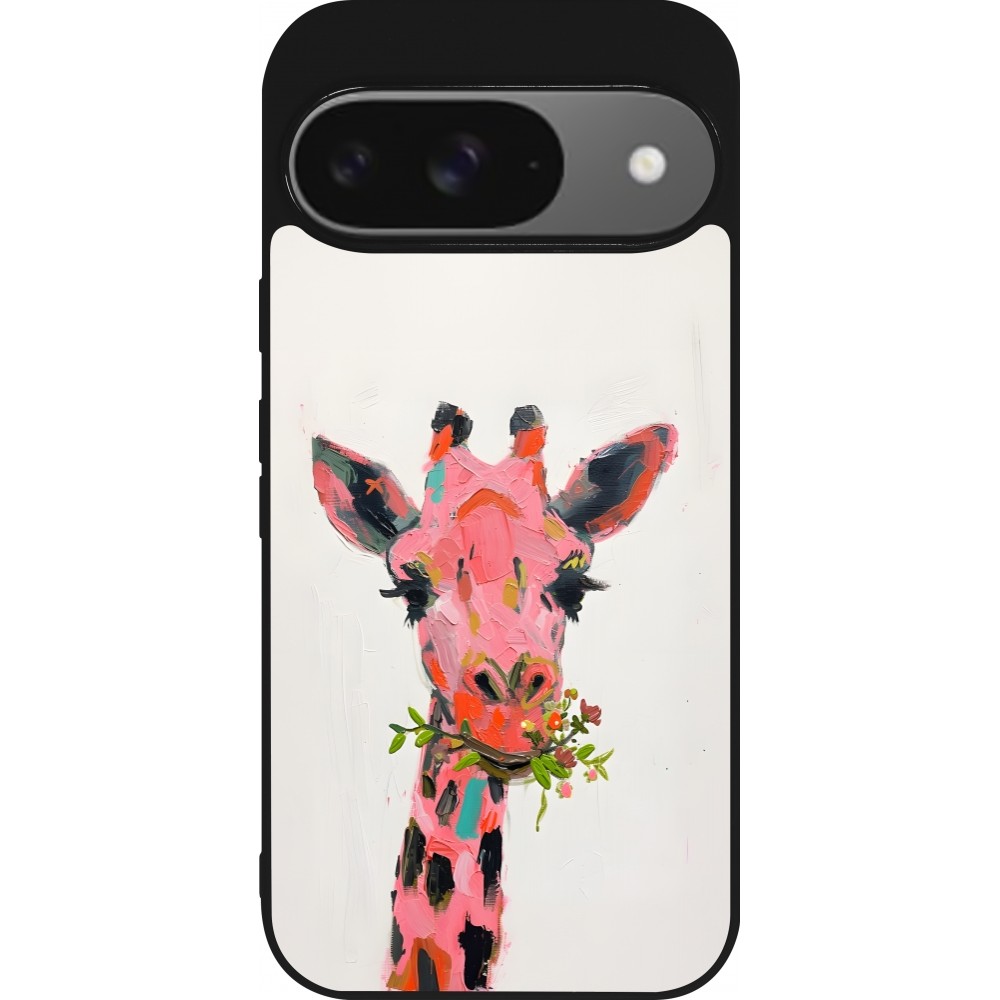 Coque Google Pixel 9 / Pixel 9 Pro - Silicone rigide noir Pink Girafe Paint