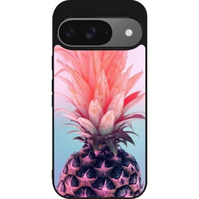 Coque Google Pixel 9 / Pixel 9 Pro - Silicone rigide noir Purple Pink Pineapple