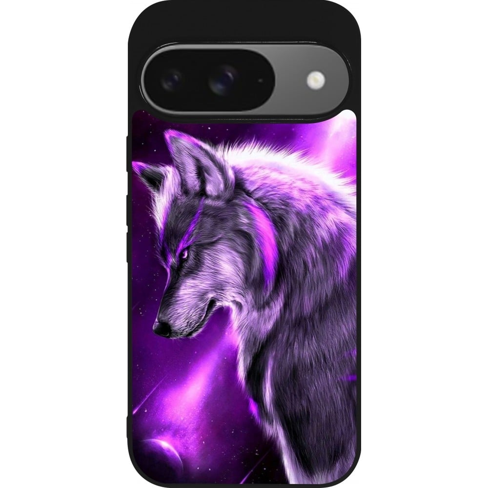 Coque Google Pixel 9 / Pixel 9 Pro - Silicone rigide noir Purple Sky Wolf