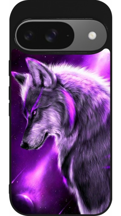 Coque Google Pixel 9 / Pixel 9 Pro - Silicone rigide noir Purple Sky Wolf