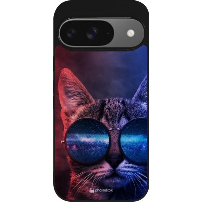 Coque Google Pixel 9 / Pixel 9 Pro - Silicone rigide noir Red Blue Cat Glasses