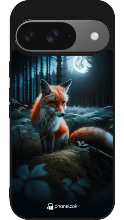 Coque Google Pixel 9 / Pixel 9 Pro - Silicone rigide noir Renard lune forêt