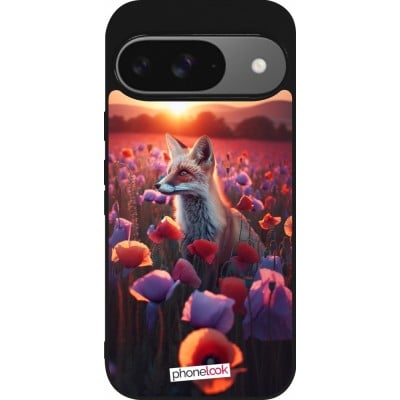 Coque Google Pixel 9 / Pixel 9 Pro - Silicone rigide noir Renard pourpre au crépuscule