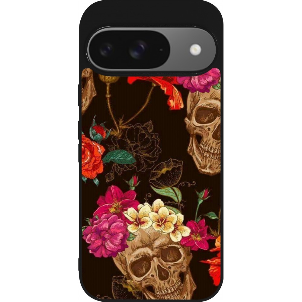 Coque Google Pixel 9 / Pixel 9 Pro - Silicone rigide noir Skulls and flowers