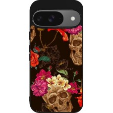 Coque Google Pixel 9 / Pixel 9 Pro - Silicone rigide noir Skulls and flowers