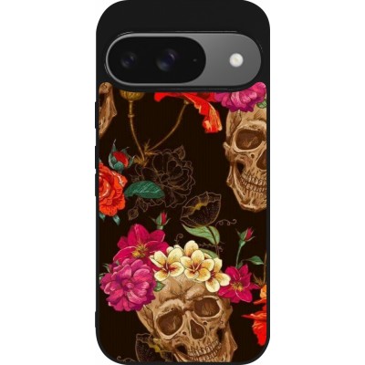 Coque Google Pixel 9 / Pixel 9 Pro - Silicone rigide noir Skulls and flowers