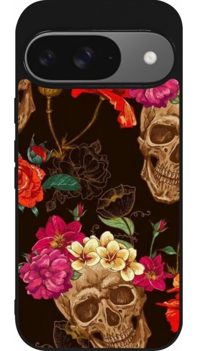 Coque Google Pixel 9 / Pixel 9 Pro - Silicone rigide noir Skulls and flowers