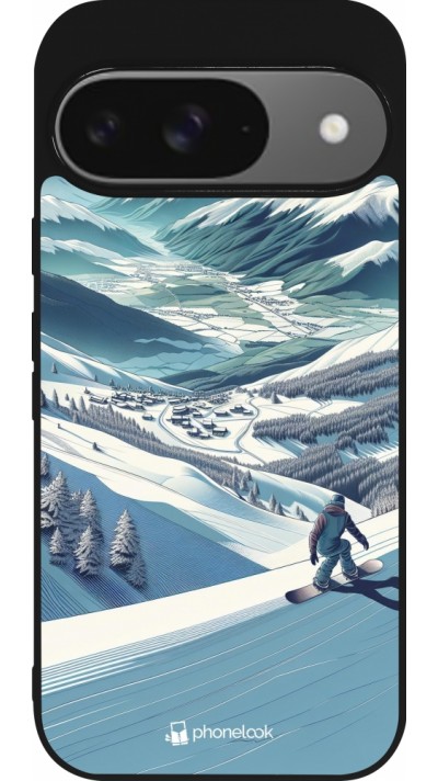 Coque Google Pixel 9 / Pixel 9 Pro - Silicone rigide noir Snowboarder Montagne