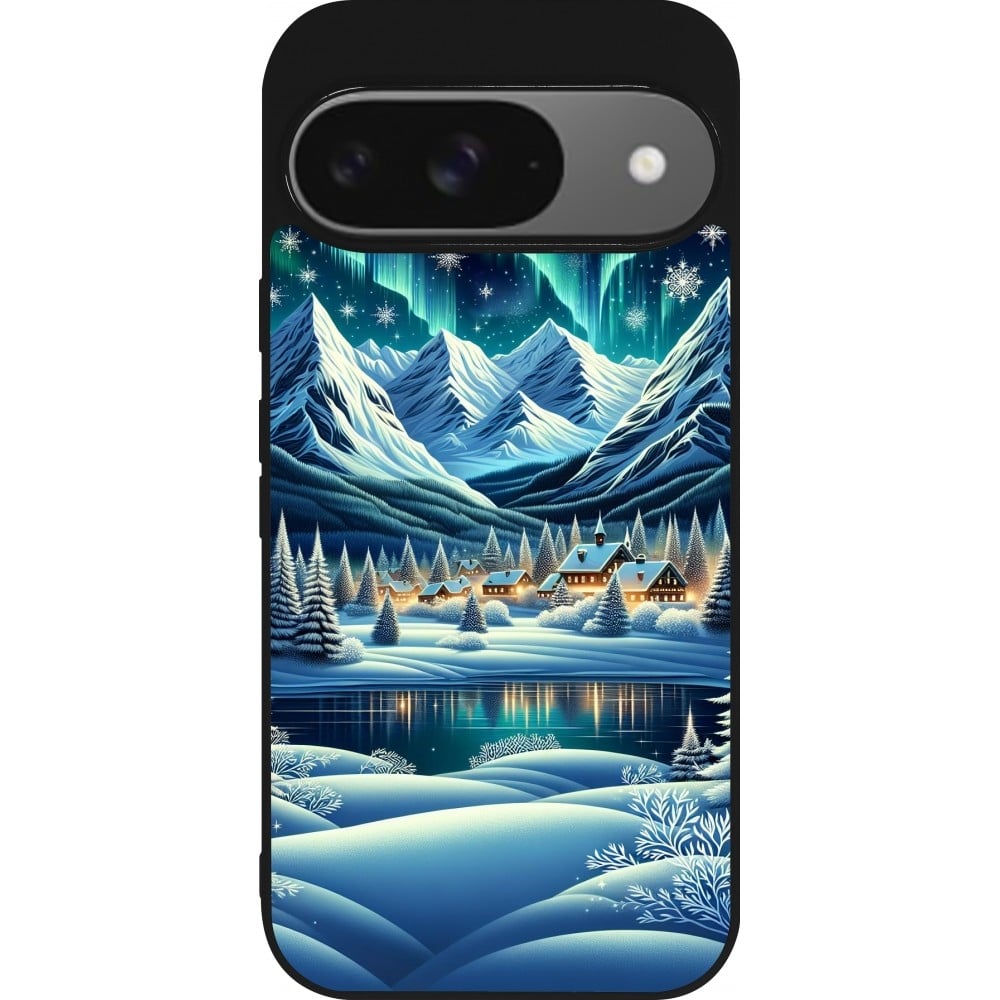 Coque Google Pixel 9 / Pixel 9 Pro - Silicone rigide noir Snowy Mountain Village Lake night