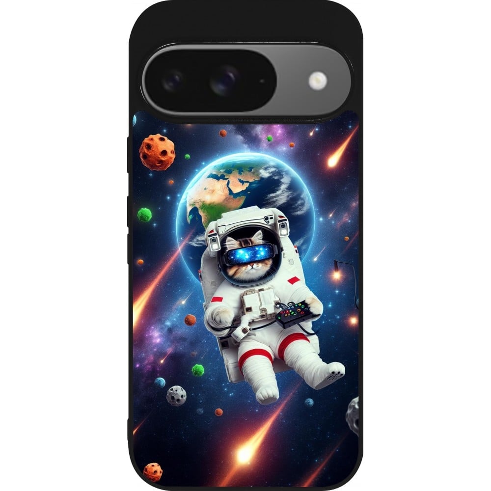 Coque Google Pixel 9 / Pixel 9 Pro - Silicone rigide noir VR SpaceCat Odyssey