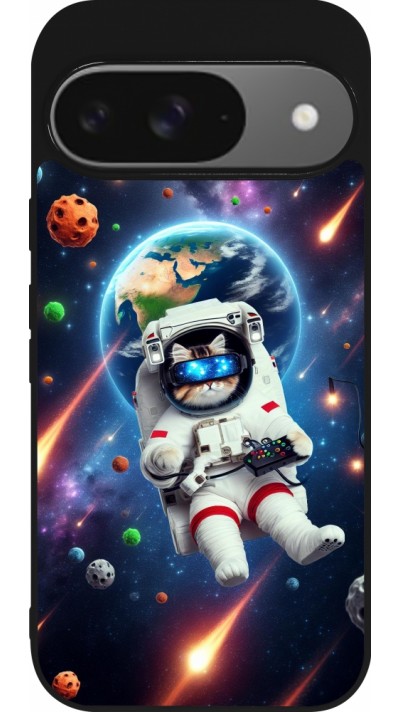 Coque Google Pixel 9 / Pixel 9 Pro - Silicone rigide noir VR SpaceCat Odyssey