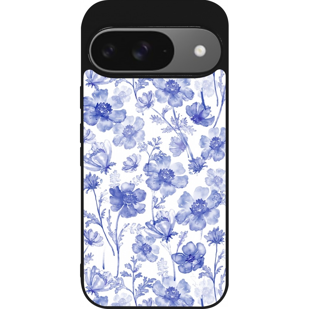 Coque Google Pixel 9 / Pixel 9 Pro - Silicone rigide noir Spring 23 watercolor blue flowers