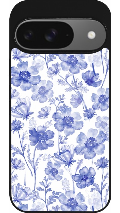 Coque Google Pixel 9 / Pixel 9 Pro - Silicone rigide noir Spring 23 watercolor blue flowers