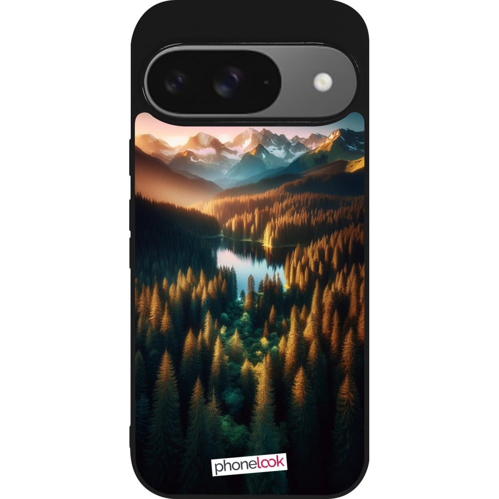 Coque Google Pixel 9 / Pixel 9 Pro - Silicone rigide noir Sunset Forest Lake