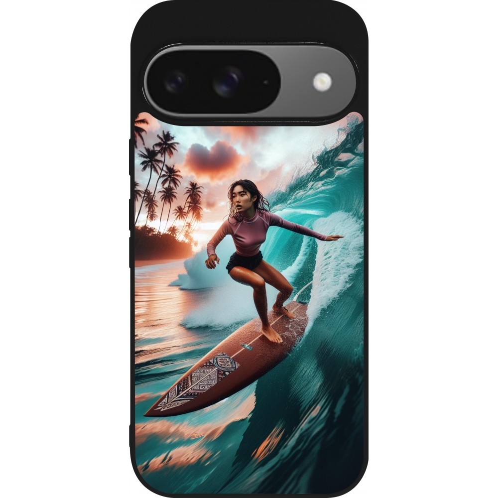 Coque Google Pixel 9 / Pixel 9 Pro - Silicone rigide noir Surfeuse Balinaise