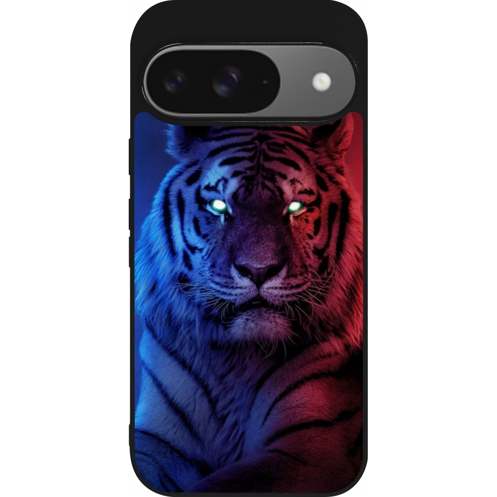 Coque Google Pixel 9 / Pixel 9 Pro - Silicone rigide noir Tiger Blue Red