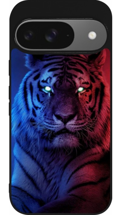 Coque Google Pixel 9 / Pixel 9 Pro - Silicone rigide noir Tiger Blue Red