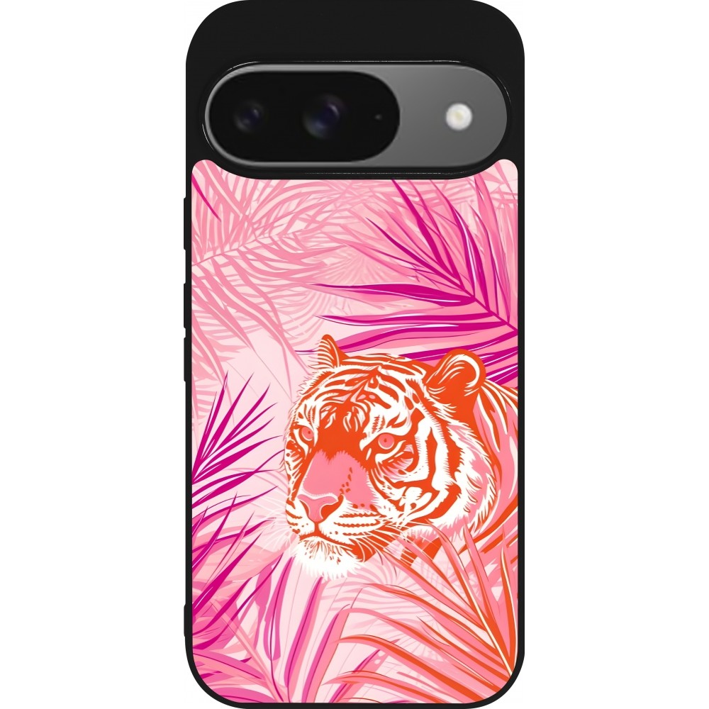 Coque Google Pixel 9 / Pixel 9 Pro - Silicone rigide noir Tigre palmiers roses