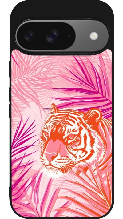 Coque Google Pixel 9 / Pixel 9 Pro - Silicone rigide noir Tigre palmiers roses