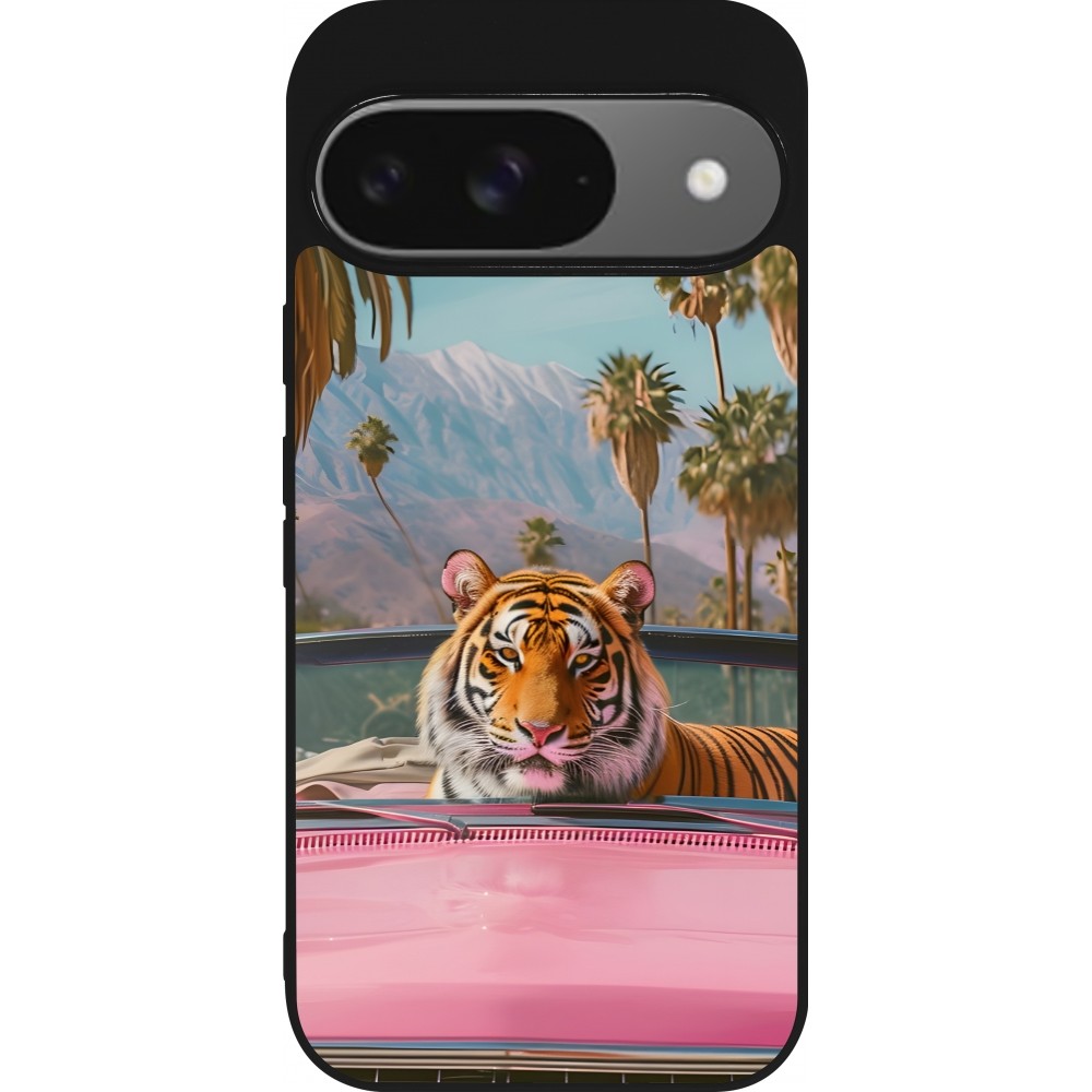 Coque Google Pixel 9 / Pixel 9 Pro - Silicone rigide noir Tigre voiture rose