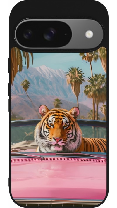 Coque Google Pixel 9 / Pixel 9 Pro - Silicone rigide noir Tigre voiture rose