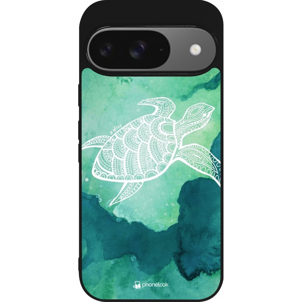 Coque Google Pixel 9 / Pixel 9 Pro - Silicone rigide noir Turtle Aztec Watercolor