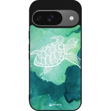 Coque Google Pixel 9 / Pixel 9 Pro - Silicone rigide noir Turtle Aztec Watercolor