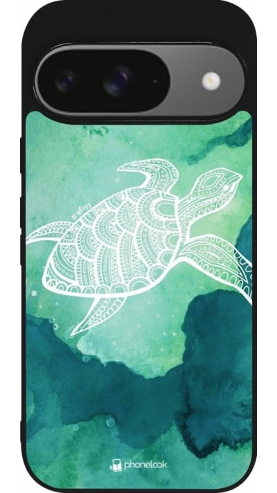 Coque Google Pixel 9 / Pixel 9 Pro - Silicone rigide noir Turtle Aztec Watercolor