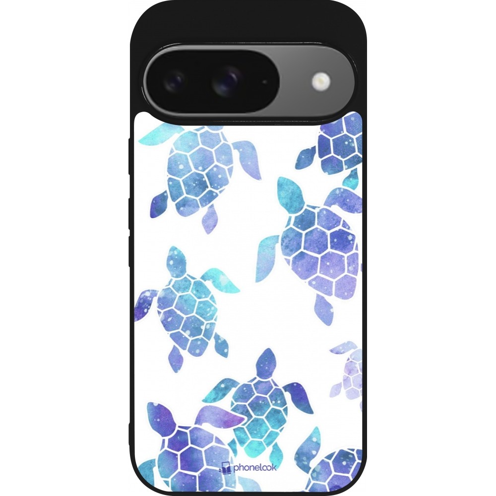 Coque Google Pixel 9 / Pixel 9 Pro - Silicone rigide noir Turtles pattern watercolor