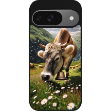 Coque Google Pixel 9 / Pixel 9 Pro - Silicone rigide noir Vache montagne Valais