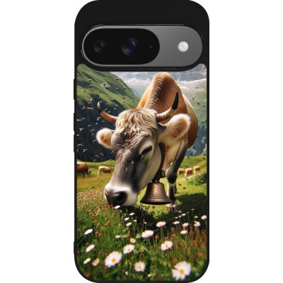 Coque Google Pixel 9 / Pixel 9 Pro - Silicone rigide noir Vache montagne Valais