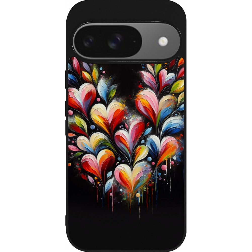 Coque Google Pixel 9 / Pixel 9 Pro - Silicone rigide noir Valentine 2024 Coeur Noir Abstrait