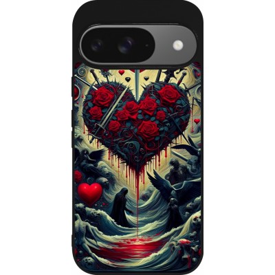 Coque Google Pixel 9 / Pixel 9 Pro - Silicone rigide noir Dark Love Coeur Sang