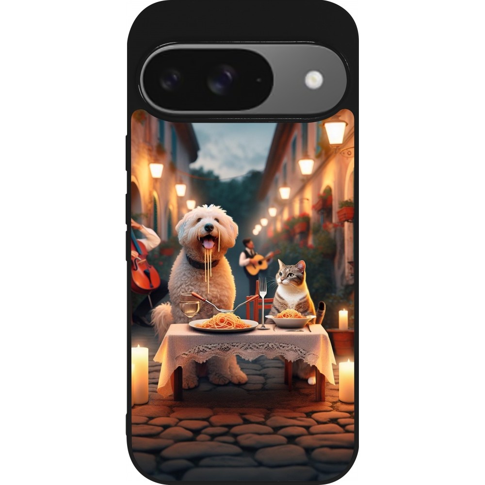 Coque Google Pixel 9 / Pixel 9 Pro - Silicone rigide noir Valentine 2024 Dog & Cat Candlelight